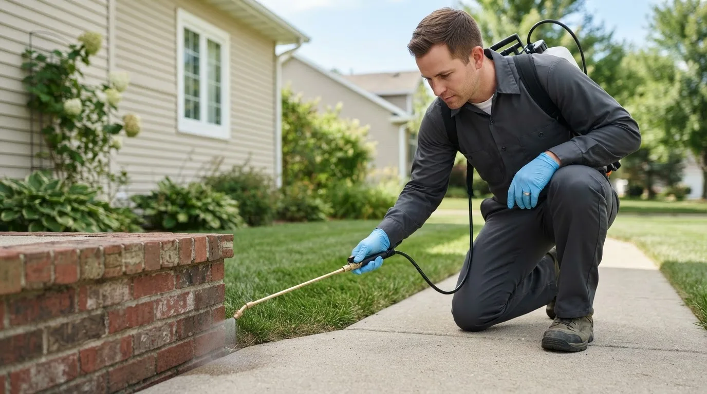 Pest control technician treating a home near Griffith, IN