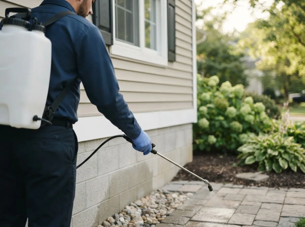 Pest control technician inspecting a home in Griffith, IN